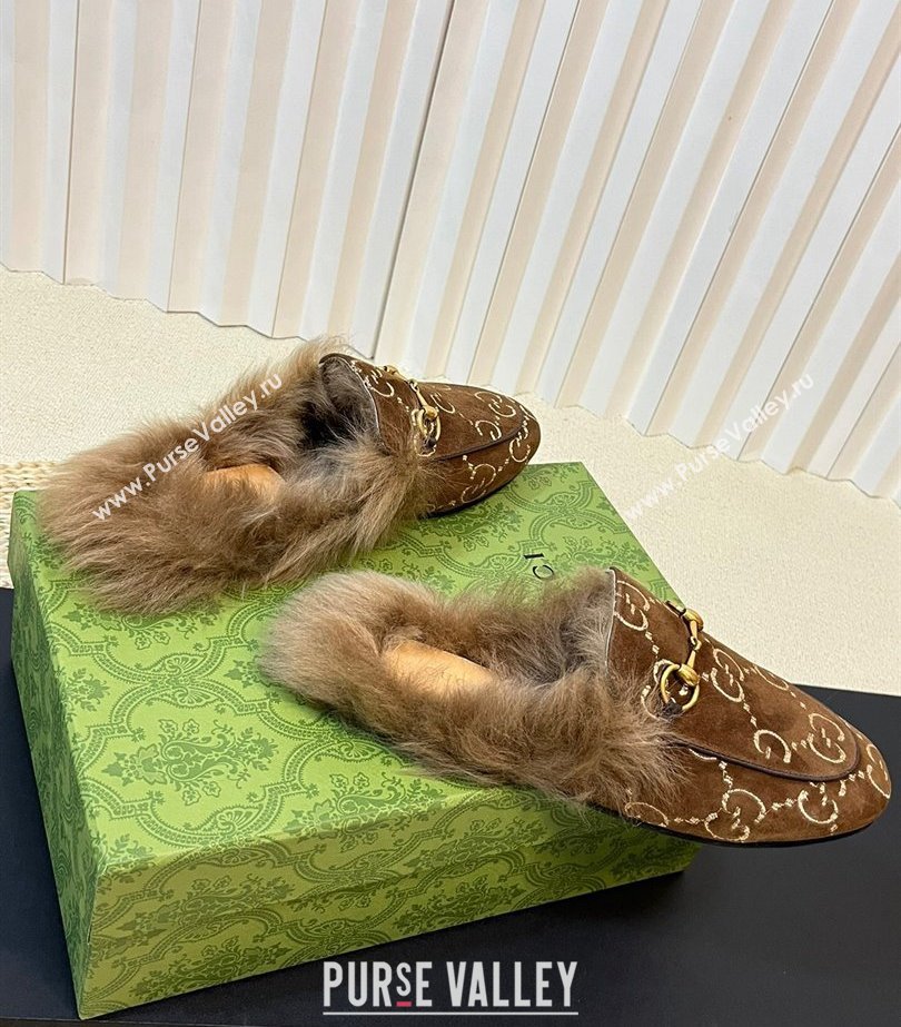 Gucci Wool Fur 2015 Re-Edition womens Princetown Slipper with Horsebit 397749 Jumbo GG Velvet Brown 02 2023 (modeng-23103067)