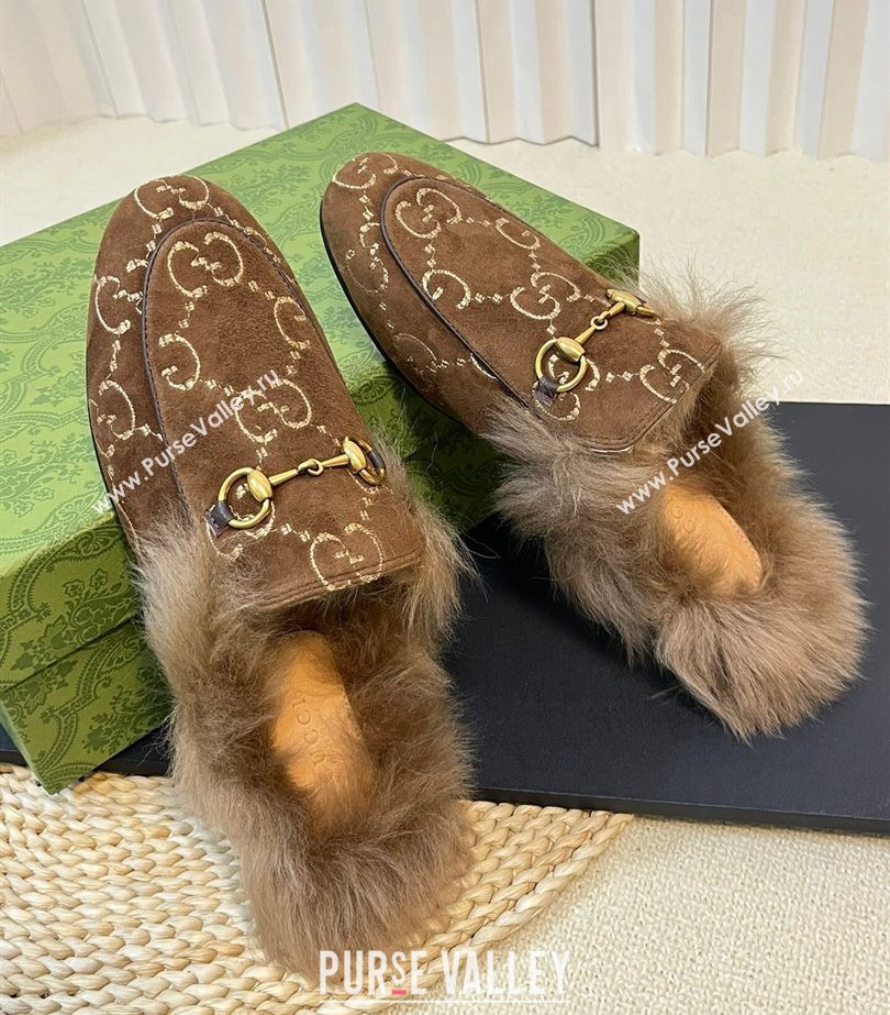 Gucci Wool Fur 2015 Re-Edition womens Princetown Slipper with Horsebit 397749 Jumbo GG Velvet Brown 02 2023 (modeng-23103067)