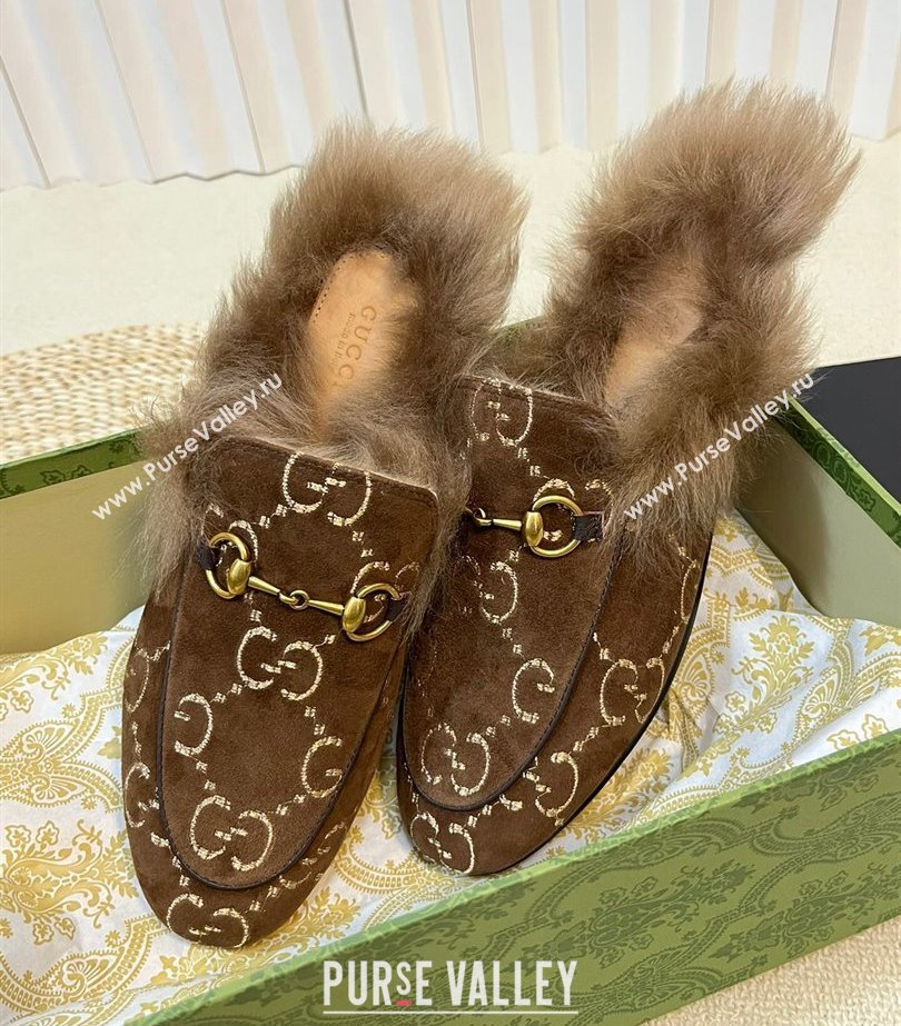 Gucci Wool Fur 2015 Re-Edition womens Princetown Slipper with Horsebit 397749 Jumbo GG Velvet Brown 02 2023 (modeng-23103067)