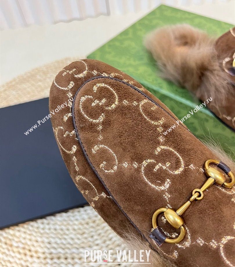 Gucci Wool Fur 2015 Re-Edition womens Princetown Slipper with Horsebit 397749 Jumbo GG Velvet Brown 02 2023 (modeng-23103067)
