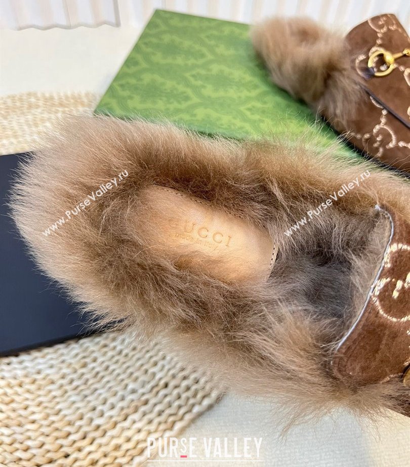 Gucci Wool Fur 2015 Re-Edition womens Princetown Slipper with Horsebit 397749 Jumbo GG Velvet Brown 02 2023 (modeng-23103067)
