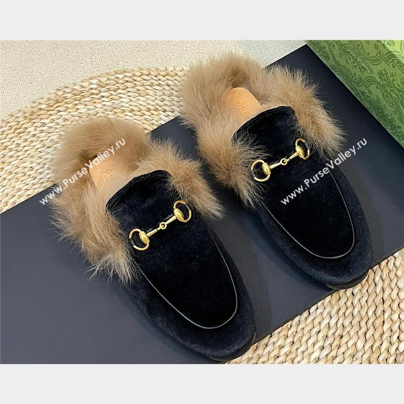 Gucci Wool Fur 2015 Re-Edition womens Princetown Slipper with Horsebit 397749 Velvet Black 2023 (modeng-23103063)