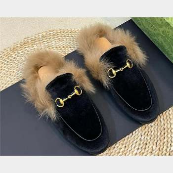 Gucci Wool Fur 2015 Re-Edition womens Princetown Slipper with Horsebit 397749 Velvet Black 2023 (modeng-23103063)