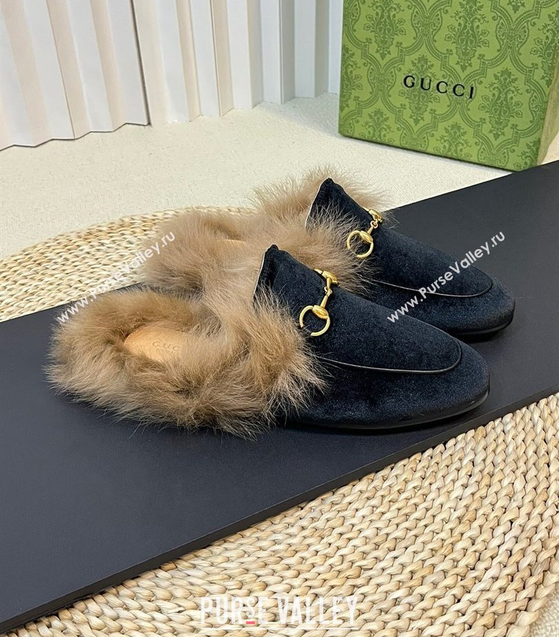 Gucci Wool Fur 2015 Re-Edition womens Princetown Slipper with Horsebit 397749 Velvet Black 2023 (modeng-23103063)