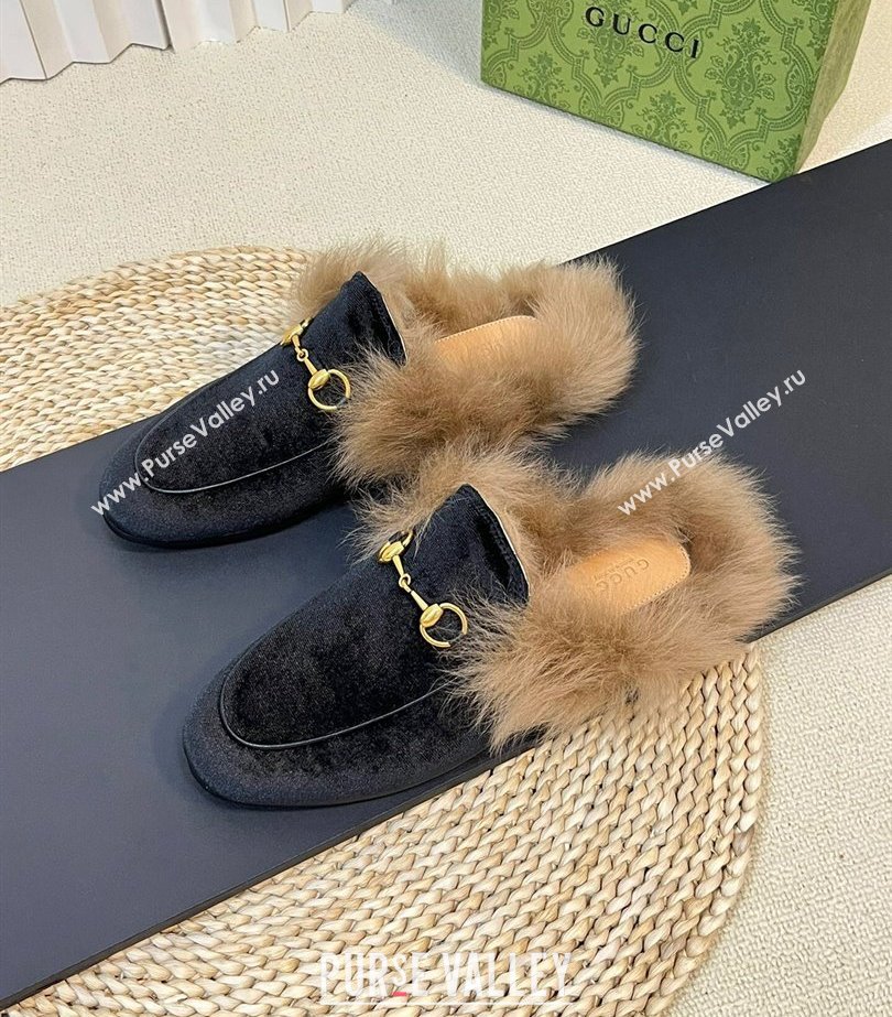 Gucci Wool Fur 2015 Re-Edition womens Princetown Slipper with Horsebit 397749 Velvet Black 2023 (modeng-23103063)