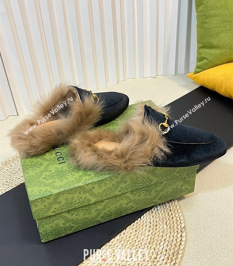 Gucci Wool Fur 2015 Re-Edition womens Princetown Slipper with Horsebit 397749 Velvet Black 2023 (modeng-23103063)