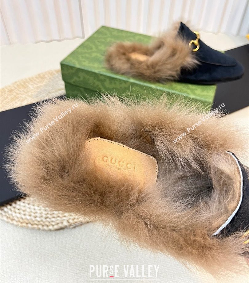 Gucci Wool Fur 2015 Re-Edition womens Princetown Slipper with Horsebit 397749 Velvet Black 2023 (modeng-23103063)