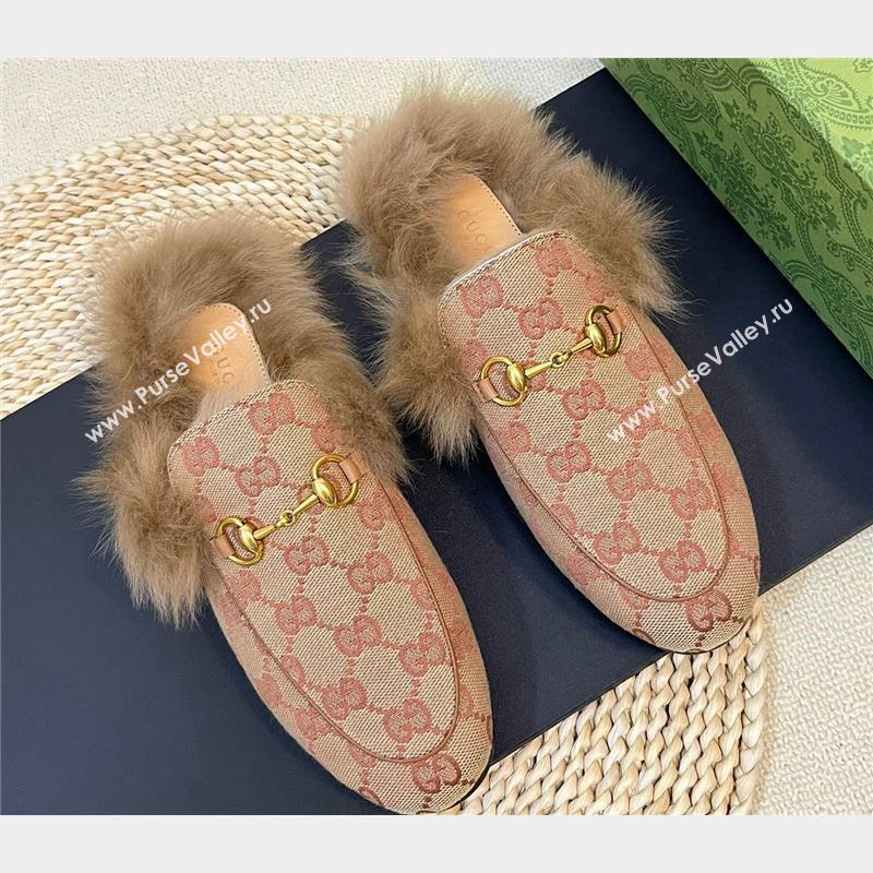 Gucci Wool Fur 2015 Re-Edition womens Princetown Slipper with Horsebit 397749 GG Canvas Red 2023 (modeng-23103059)