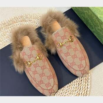 Gucci Wool Fur 2015 Re-Edition womens Princetown Slipper with Horsebit 397749 GG Canvas Red 2023 (modeng-23103059)