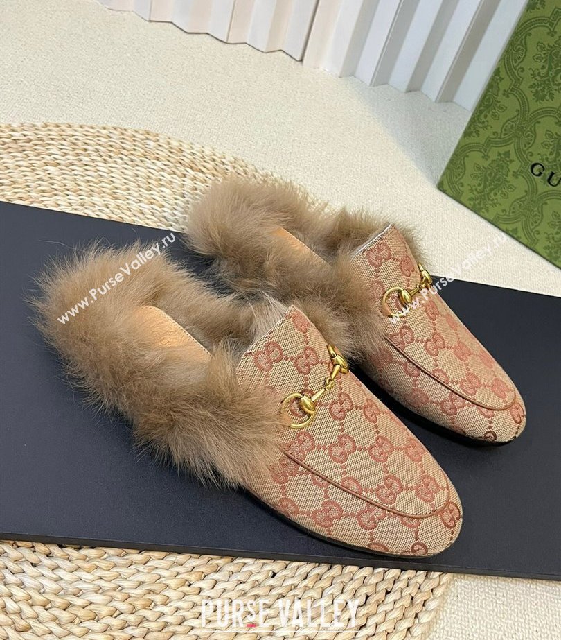 Gucci Wool Fur 2015 Re-Edition womens Princetown Slipper with Horsebit 397749 GG Canvas Red 2023 (modeng-23103059)