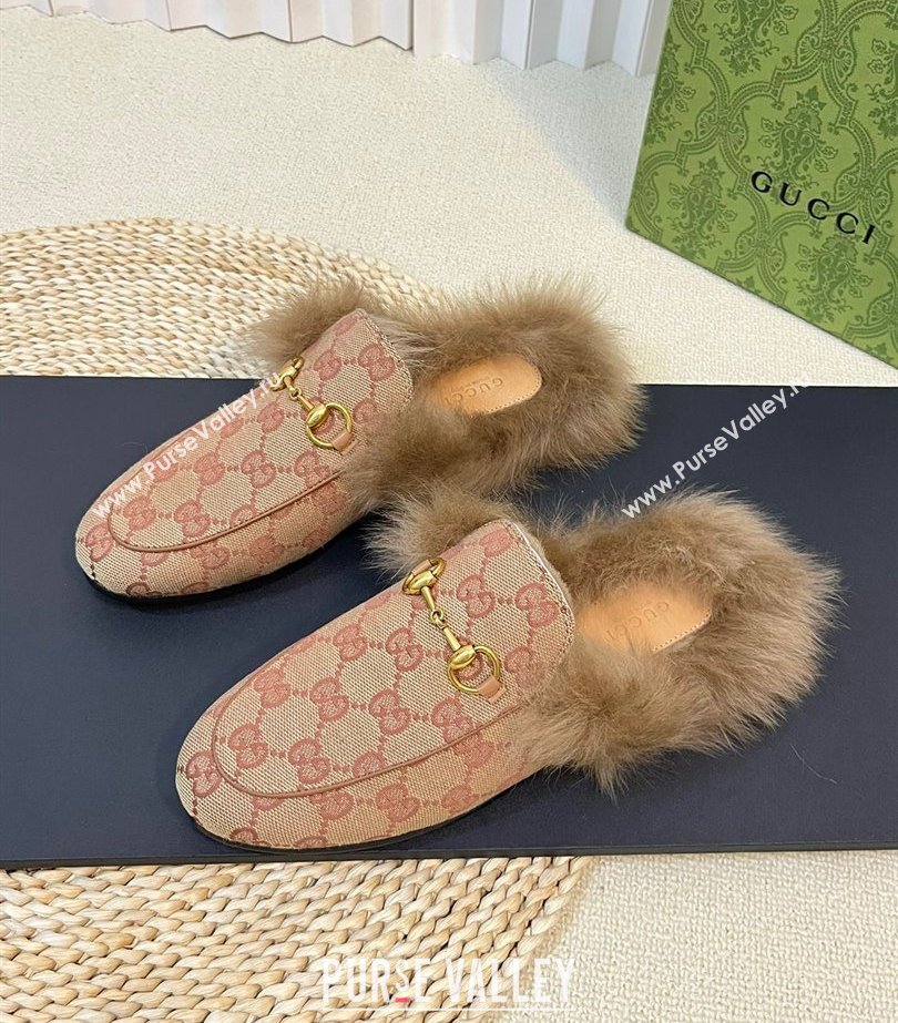 Gucci Wool Fur 2015 Re-Edition womens Princetown Slipper with Horsebit 397749 GG Canvas Red 2023 (modeng-23103059)