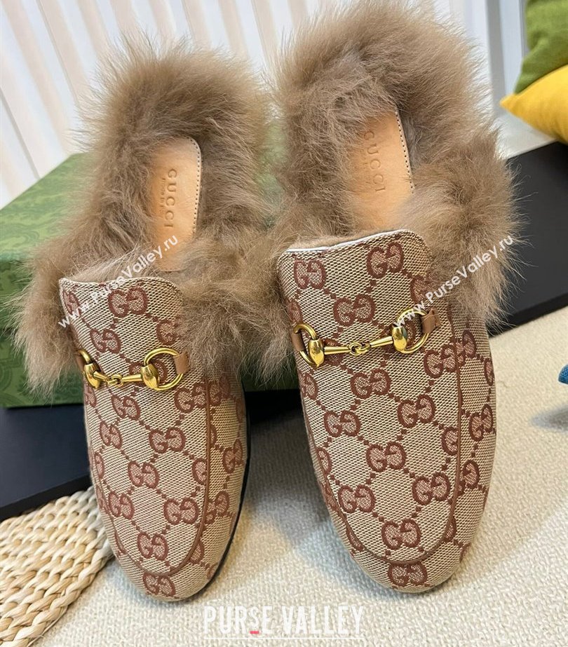 Gucci Wool Fur 2015 Re-Edition womens Princetown Slipper with Horsebit 397749 GG Canvas Red 2023 (modeng-23103059)