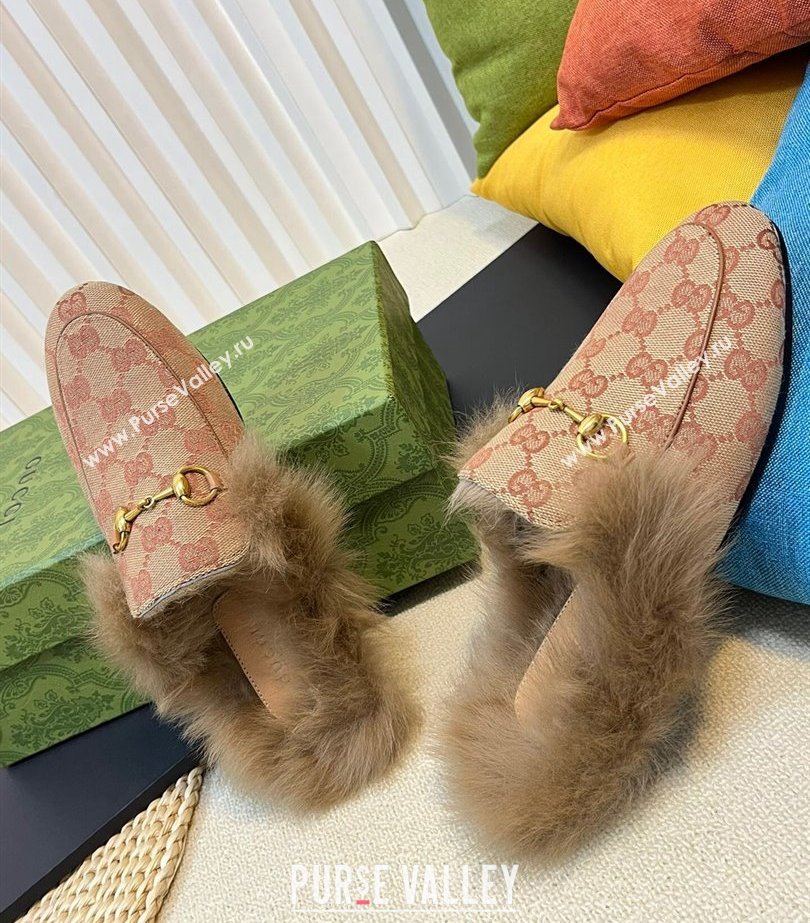 Gucci Wool Fur 2015 Re-Edition womens Princetown Slipper with Horsebit 397749 GG Canvas Red 2023 (modeng-23103059)