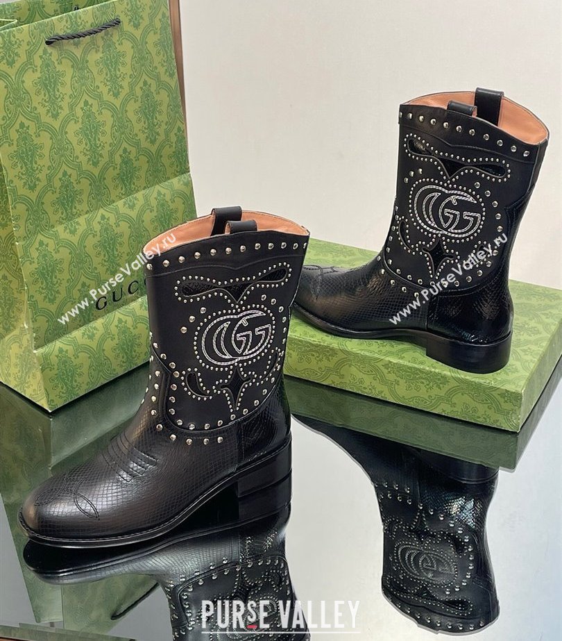 Gucci Heel 4cm Leather Boots with Double G and studs 750508 Black 2023 (modeng-23103013)