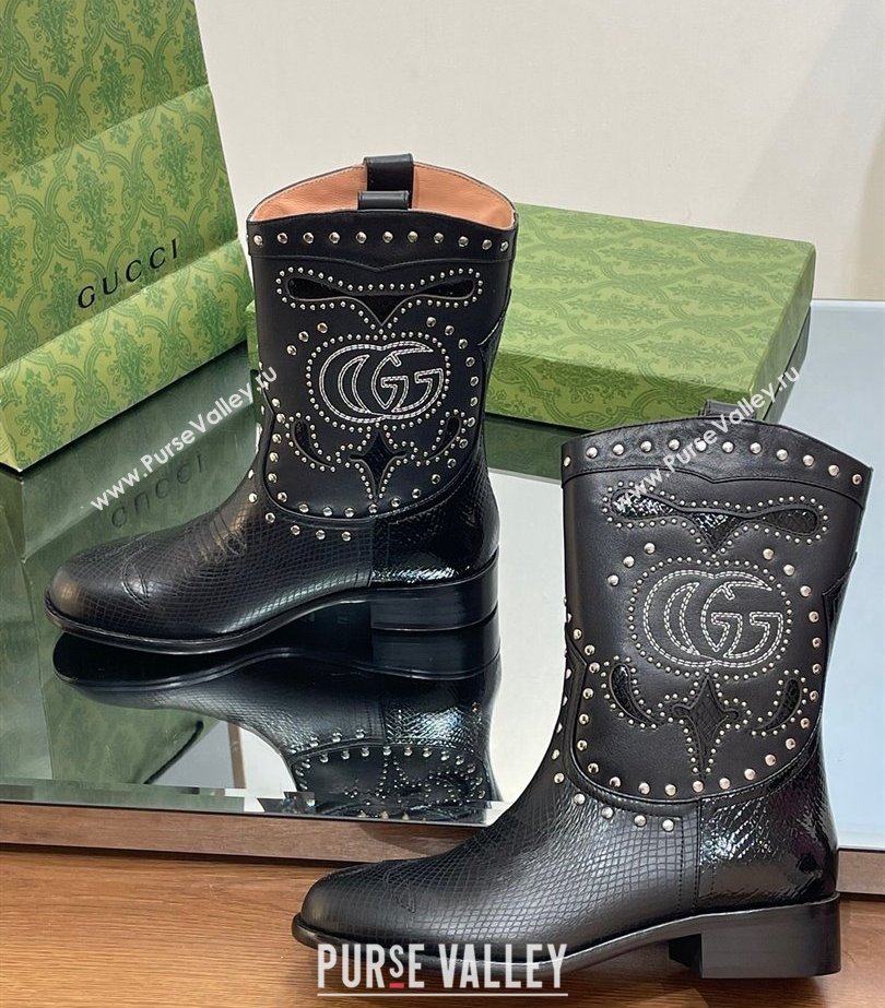 Gucci Heel 4cm Leather Boots with Double G and studs 750508 Black 2023 (modeng-23103013)