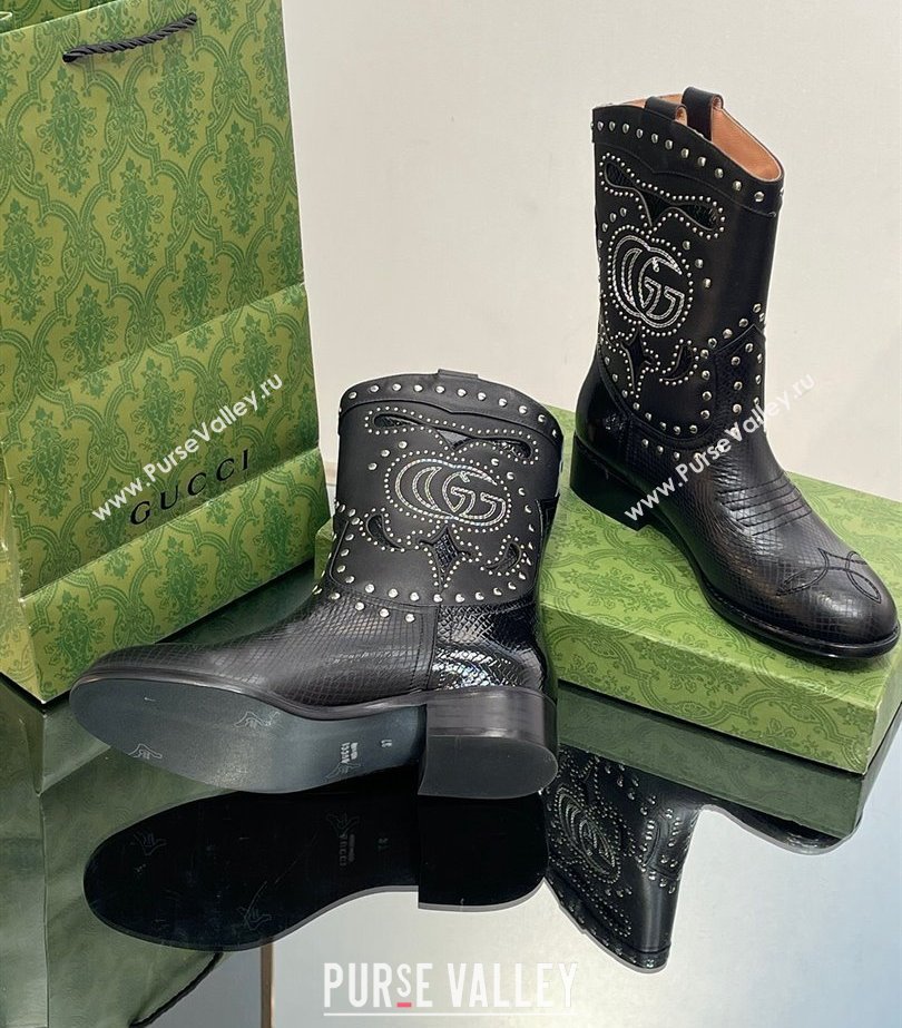 Gucci Heel 4cm Leather Boots with Double G and studs 750508 Black 2023 (modeng-23103013)