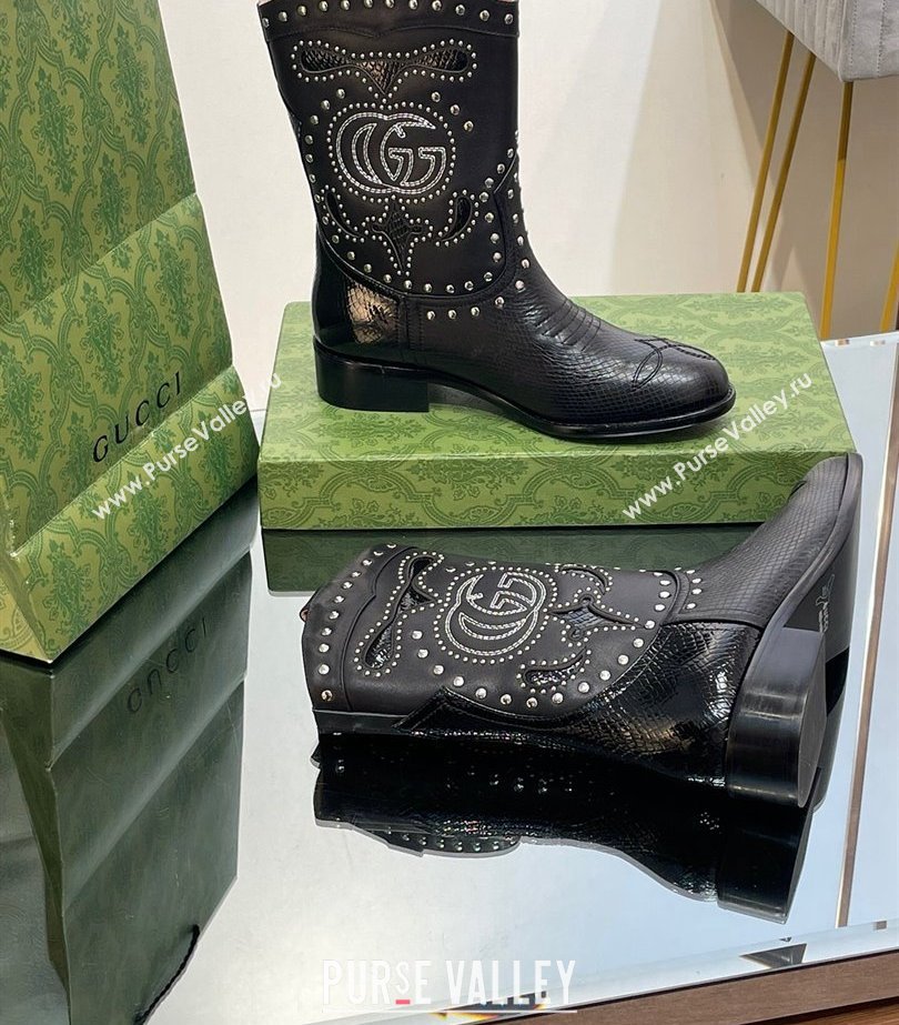 Gucci Heel 4cm Leather Boots with Double G and studs 750508 Black 2023 (modeng-23103013)