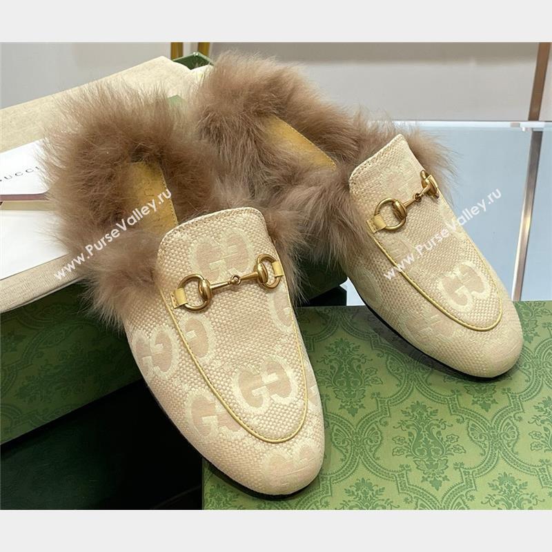 Gucci Wool Fur 2015 Re-Edition womens Princetown Slipper with Horsebit 397749 Jumbo GG Canvas Beige 2023 (modeng-23103054)