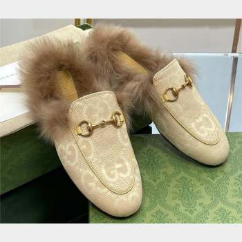 Gucci Wool Fur 2015 Re-Edition womens Princetown Slipper with Horsebit 397749 Jumbo GG Canvas Beige 2023 (modeng-23103054)