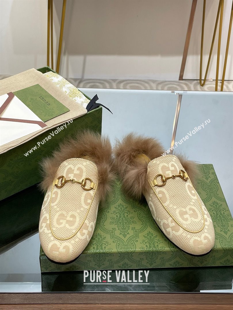 Gucci Wool Fur 2015 Re-Edition womens Princetown Slipper with Horsebit 397749 Jumbo GG Canvas Beige 2023 (modeng-23103054)