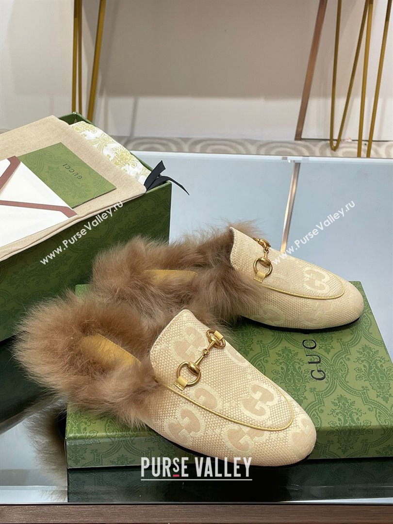 Gucci Wool Fur 2015 Re-Edition womens Princetown Slipper with Horsebit 397749 Jumbo GG Canvas Beige 2023 (modeng-23103054)