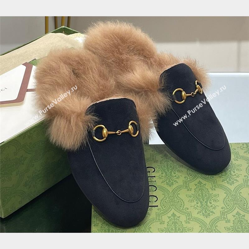Gucci Wool Fur 2015 Re-Edition womens Princetown Slipper with Horsebit 397749 Felt Black 2023 (modeng-23103044)