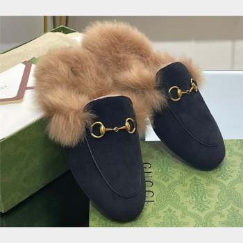 Gucci Wool Fur 2015 Re-Edition womens Princetown Slipper with Horsebit 397749 Felt Black 2023 (modeng-23103044)