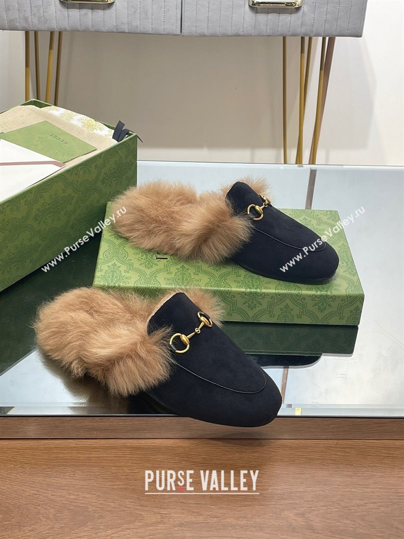Gucci Wool Fur 2015 Re-Edition womens Princetown Slipper with Horsebit 397749 Felt Black 2023 (modeng-23103044)