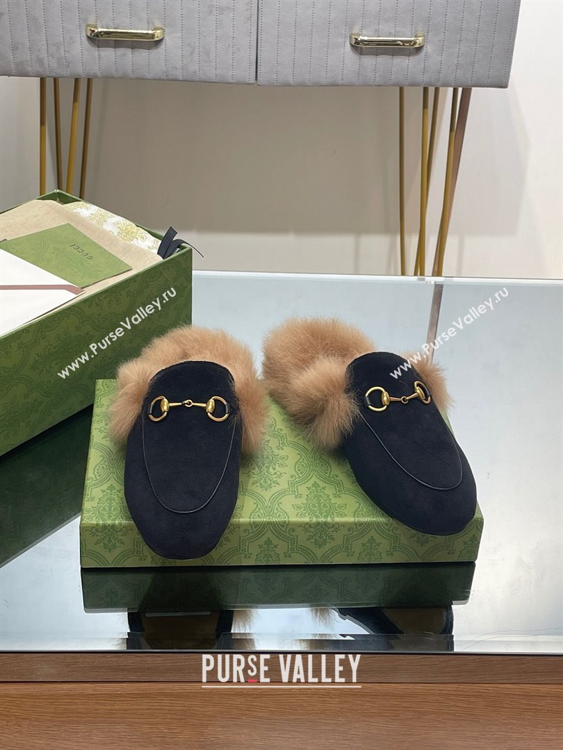 Gucci Wool Fur 2015 Re-Edition womens Princetown Slipper with Horsebit 397749 Felt Black 2023 (modeng-23103044)