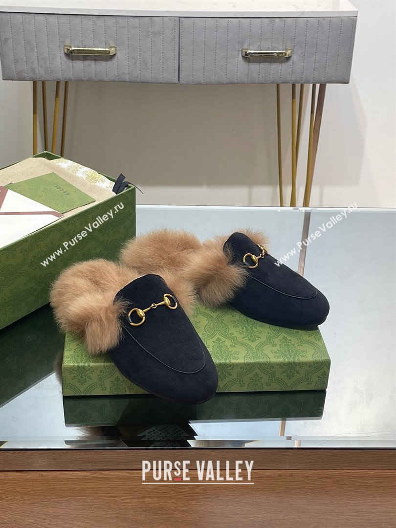 Gucci Wool Fur 2015 Re-Edition womens Princetown Slipper with Horsebit 397749 Felt Black 2023 (modeng-23103044)