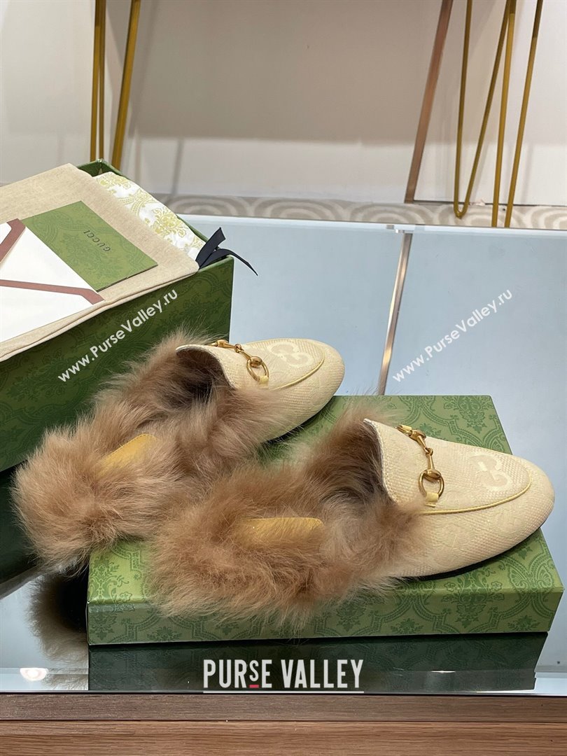 Gucci Wool Fur 2015 Re-Edition womens Princetown Slipper with Horsebit 397749 Jumbo GG Canvas Beige 2023 (modeng-23103054)