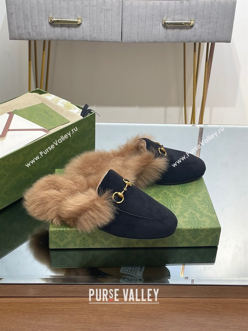 Gucci Wool Fur 2015 Re-Edition womens Princetown Slipper with Horsebit 397749 Felt Black 2023 (modeng-23103044)