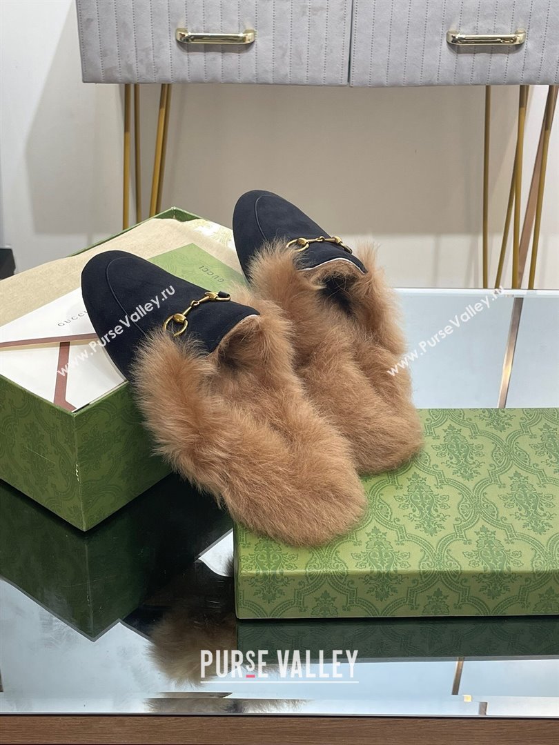 Gucci Wool Fur 2015 Re-Edition womens Princetown Slipper with Horsebit 397749 Felt Black 2023 (modeng-23103044)