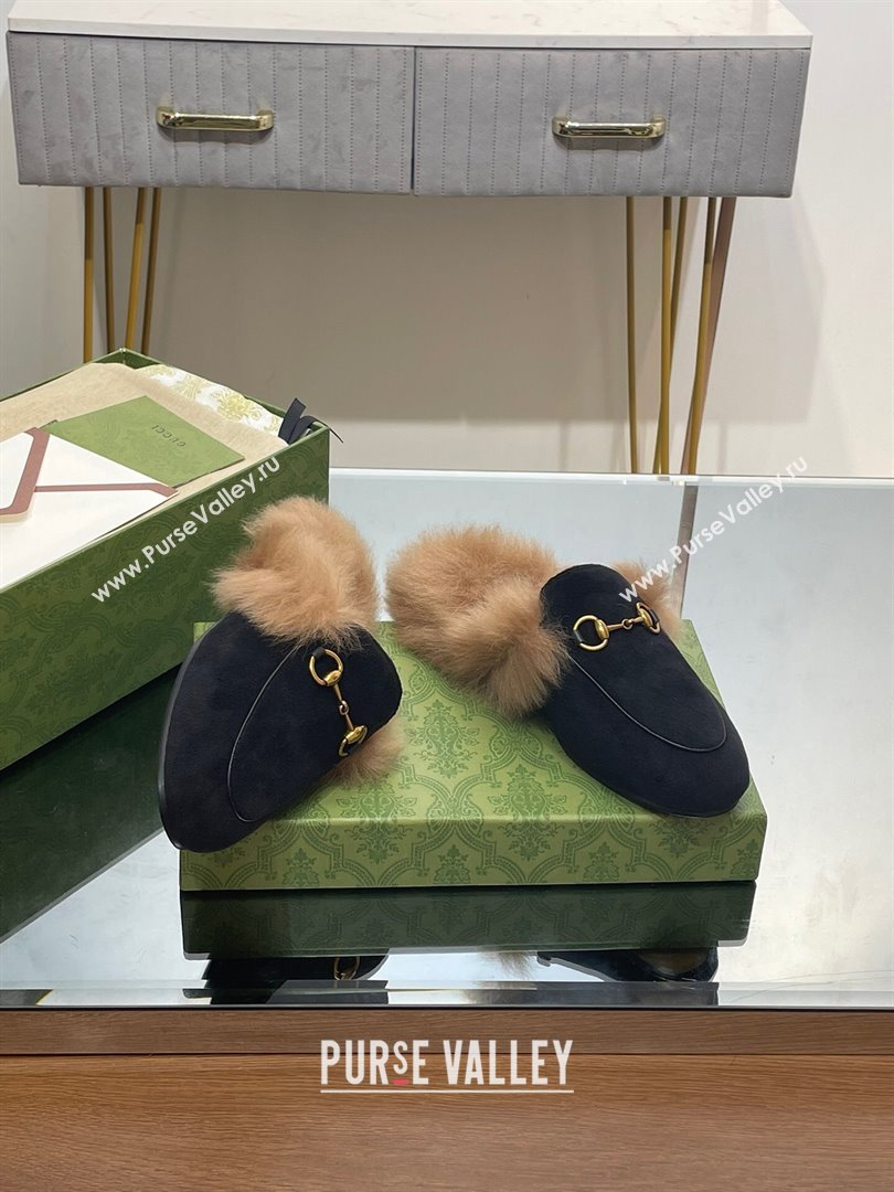 Gucci Wool Fur 2015 Re-Edition womens Princetown Slipper with Horsebit 397749 Felt Black 2023 (modeng-23103044)