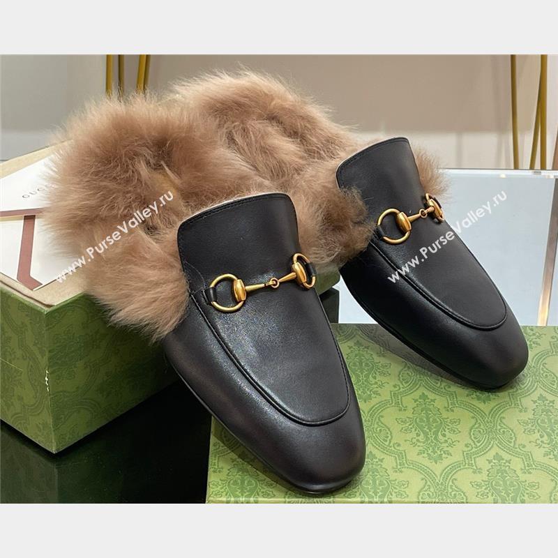Gucci Wool Fur 2015 Re-Edition womens Princetown Slipper with Horsebit 397749 Leather Black 2023 (modeng-23103031)
