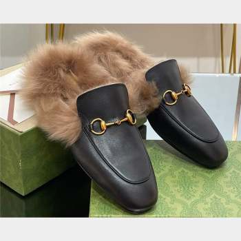 Gucci Wool Fur 2015 Re-Edition womens Princetown Slipper with Horsebit 397749 Leather Black 2023 (modeng-23103031)