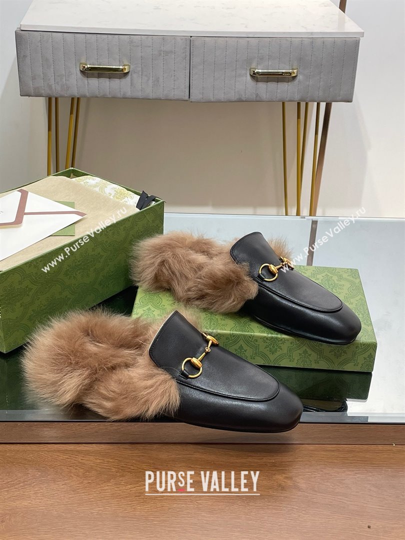 Gucci Wool Fur 2015 Re-Edition womens Princetown Slipper with Horsebit 397749 Leather Black 2023 (modeng-23103031)