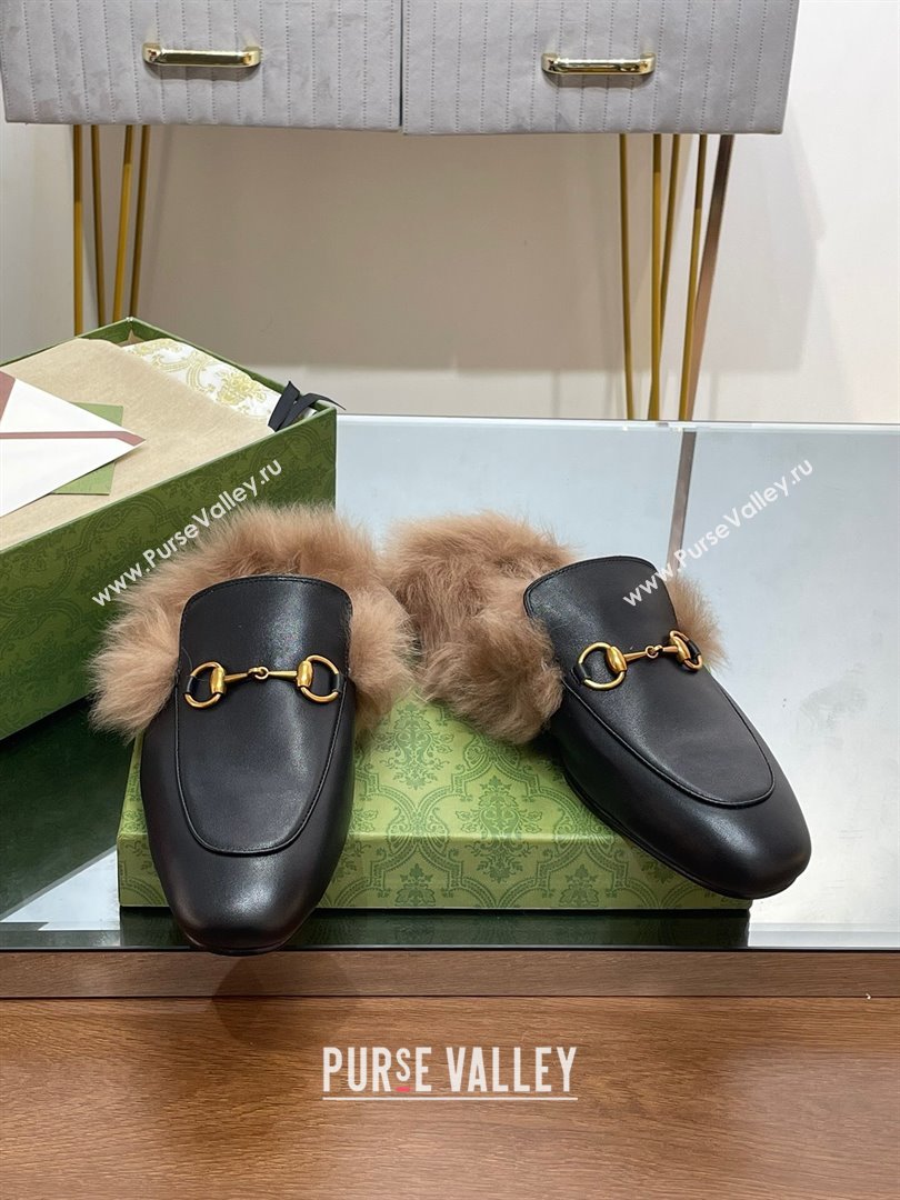 Gucci Wool Fur 2015 Re-Edition womens Princetown Slipper with Horsebit 397749 Leather Black 2023 (modeng-23103031)