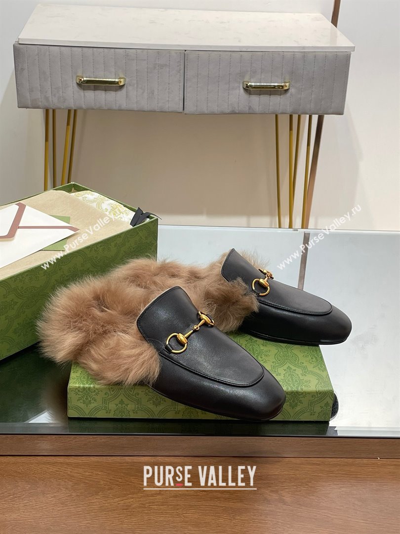 Gucci Wool Fur 2015 Re-Edition womens Princetown Slipper with Horsebit 397749 Leather Black 2023 (modeng-23103031)