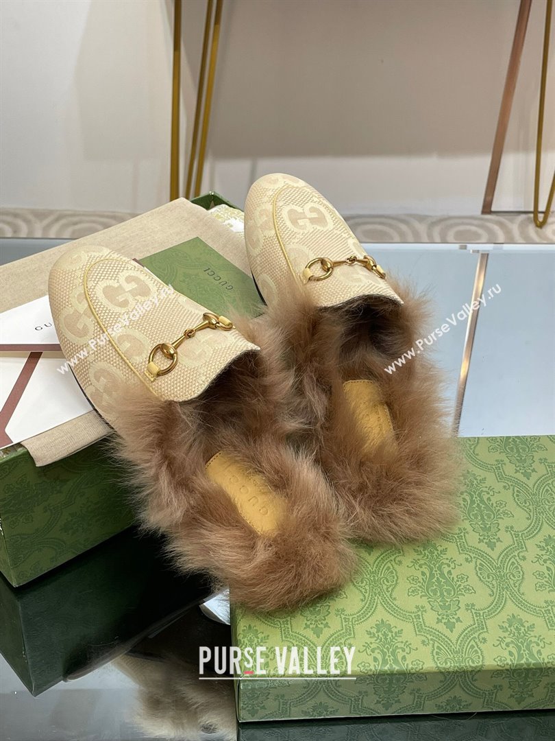 Gucci Wool Fur 2015 Re-Edition womens Princetown Slipper with Horsebit 397749 Jumbo GG Canvas Beige 2023 (modeng-23103054)