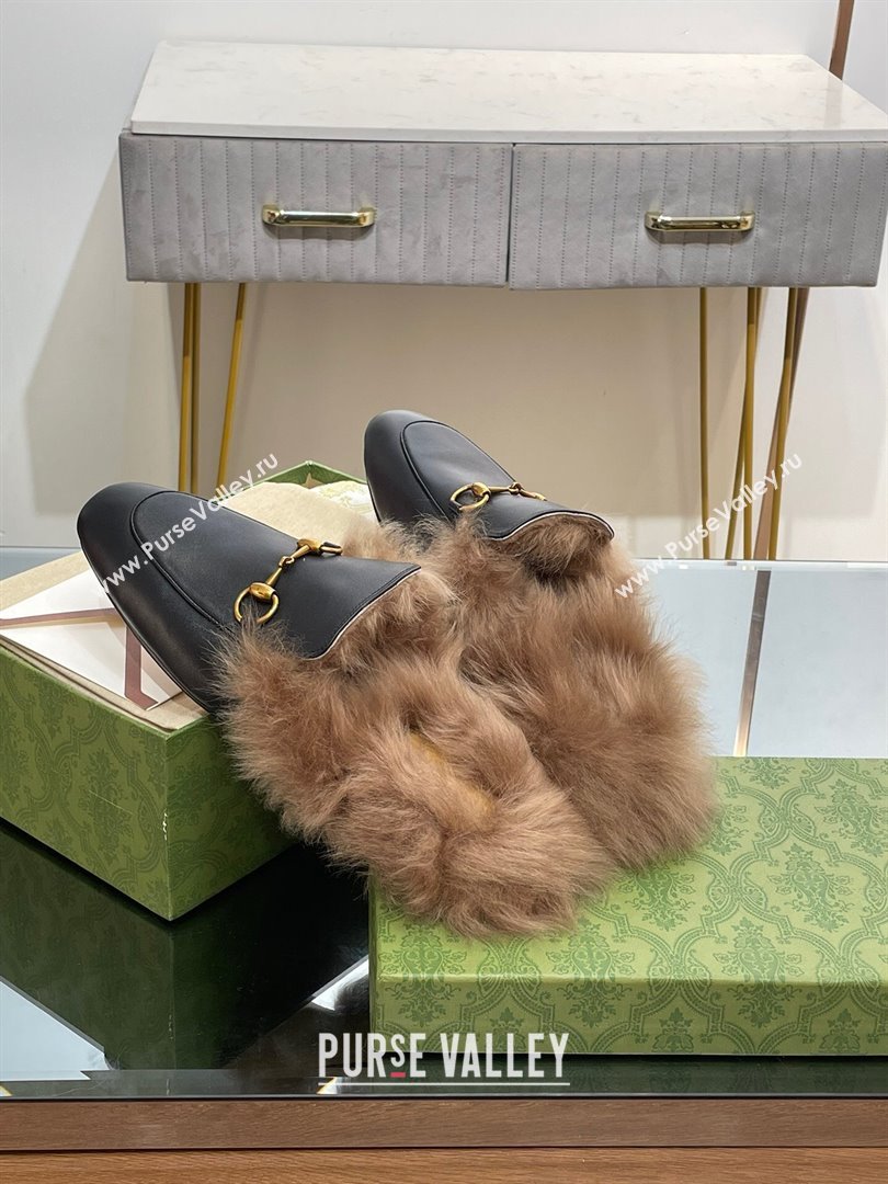 Gucci Wool Fur 2015 Re-Edition womens Princetown Slipper with Horsebit 397749 Leather Black 2023 (modeng-23103031)