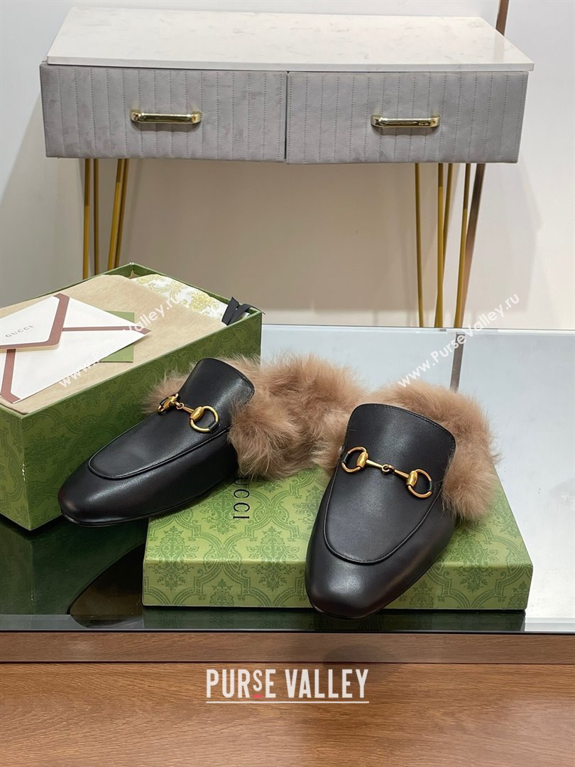 Gucci Wool Fur 2015 Re-Edition womens Princetown Slipper with Horsebit 397749 Leather Black 2023 (modeng-23103031)