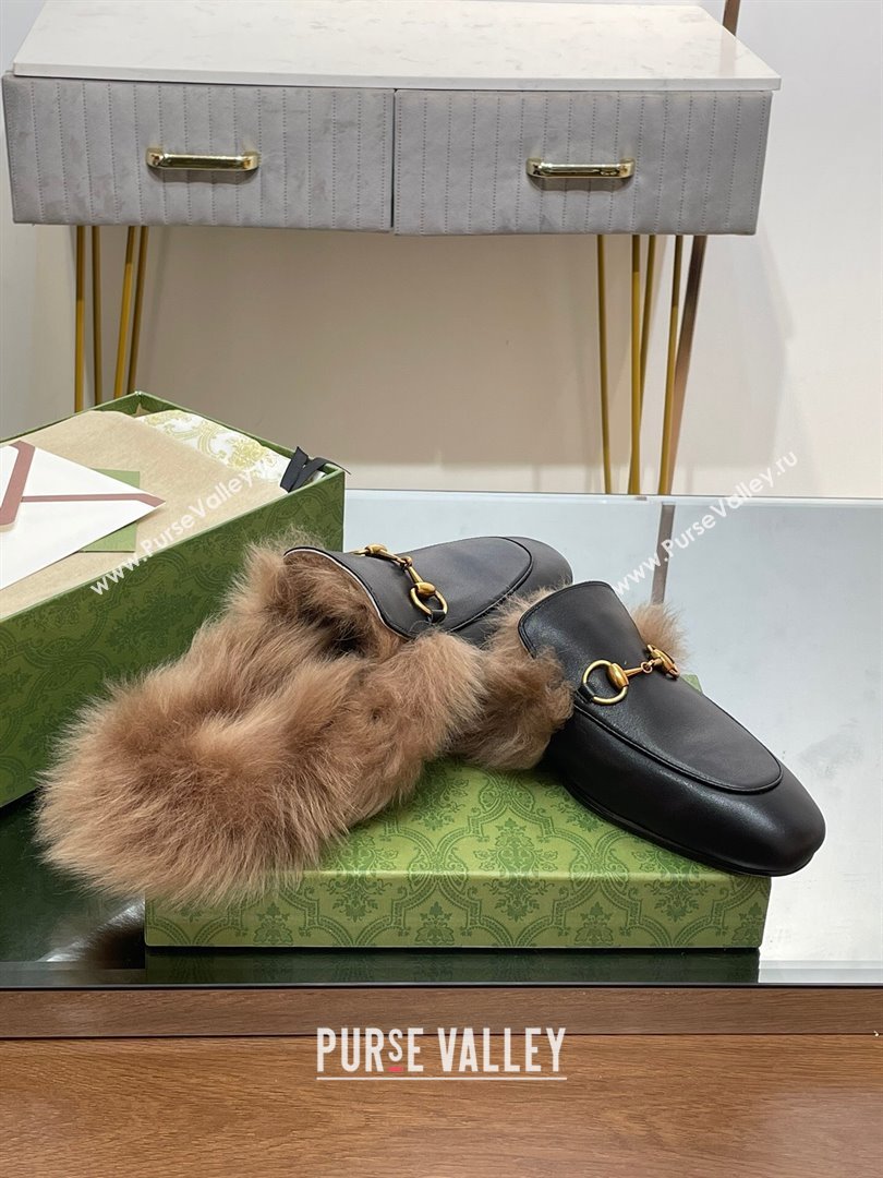 Gucci Wool Fur 2015 Re-Edition womens Princetown Slipper with Horsebit 397749 Leather Black 2023 (modeng-23103031)
