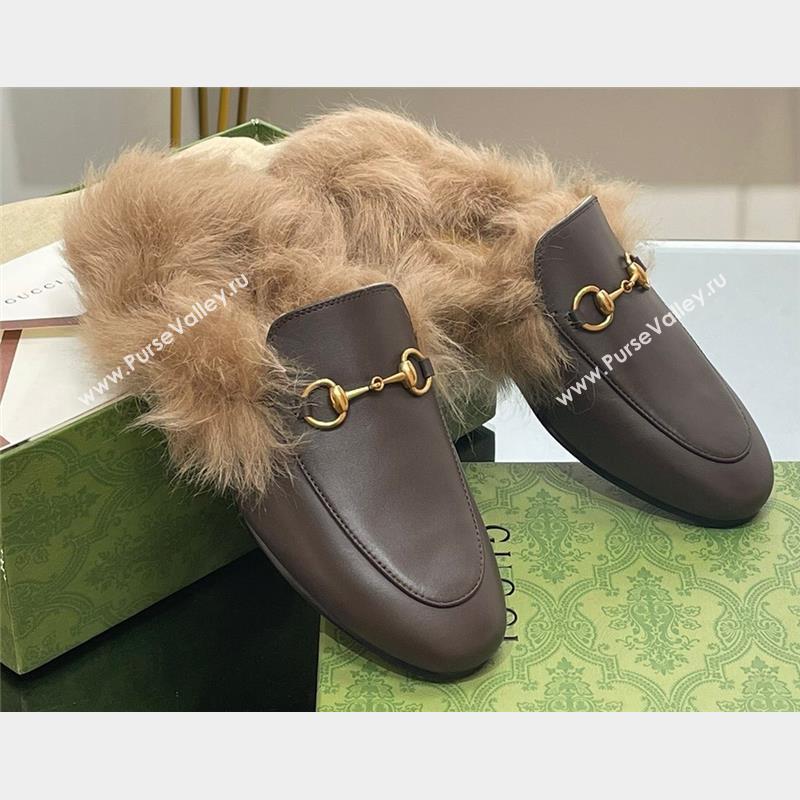 Gucci Wool Fur 2015 Re-Edition womens Princetown Slipper with Horsebit 397749 Leather Coffee 2023 (modeng-23103033)