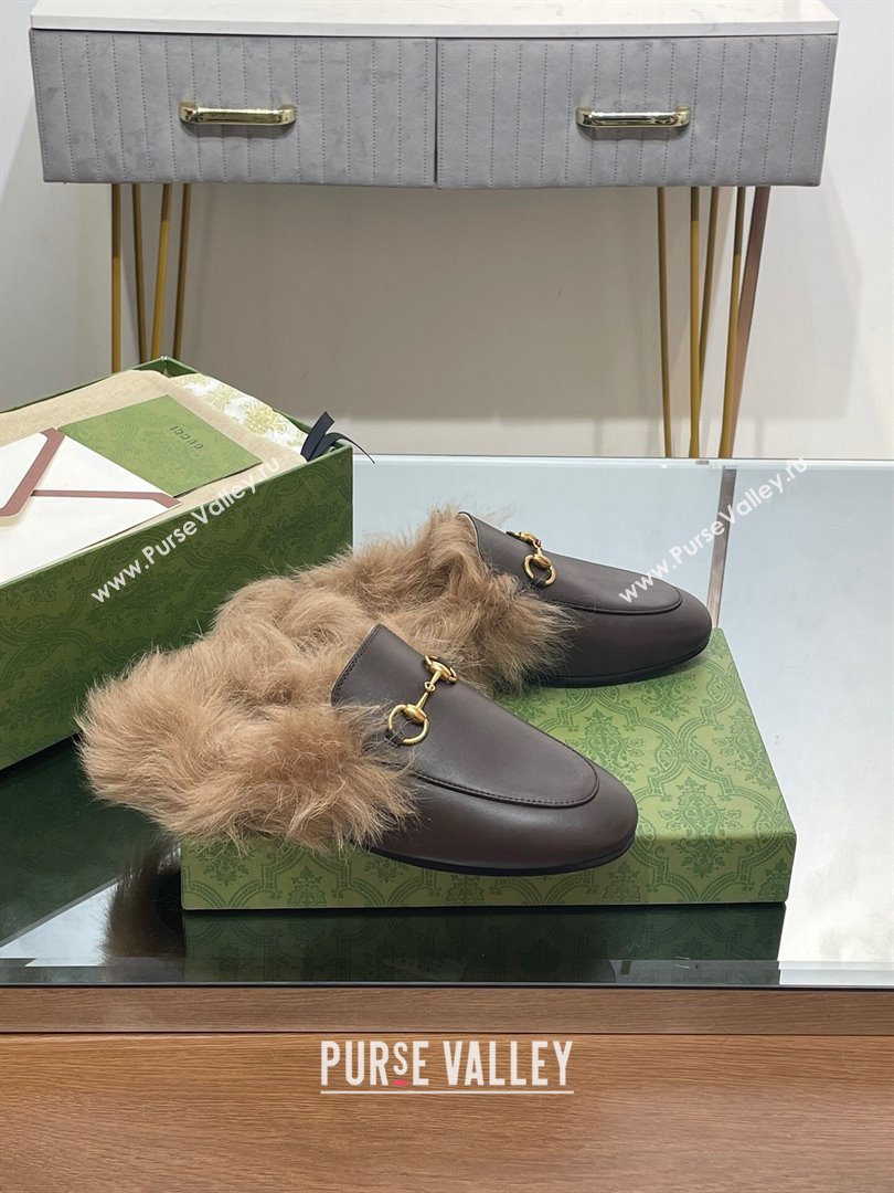 Gucci Wool Fur 2015 Re-Edition womens Princetown Slipper with Horsebit 397749 Leather Coffee 2023 (modeng-23103033)
