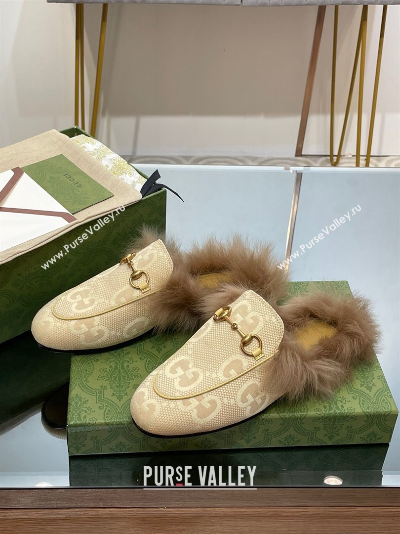 Gucci Wool Fur 2015 Re-Edition womens Princetown Slipper with Horsebit 397749 Jumbo GG Canvas Beige 2023 (modeng-23103054)