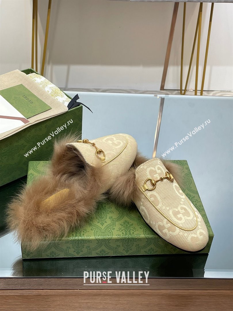 Gucci Wool Fur 2015 Re-Edition womens Princetown Slipper with Horsebit 397749 Jumbo GG Canvas Beige 2023 (modeng-23103054)