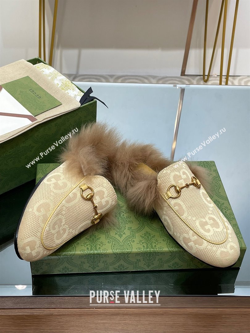 Gucci Wool Fur 2015 Re-Edition womens Princetown Slipper with Horsebit 397749 Jumbo GG Canvas Beige 2023 (modeng-23103054)