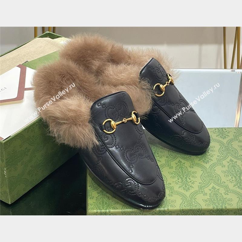 Gucci Wool Fur 2015 Re-Edition womens Princetown Slipper with Horsebit 397749 Leather GG Black 2023 (modeng-23103037)