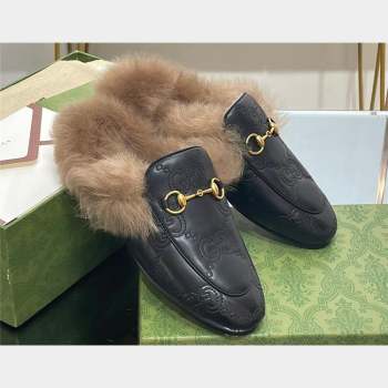 Gucci Wool Fur 2015 Re-Edition womens Princetown Slipper with Horsebit 397749 Leather GG Black 2023 (modeng-23103037)